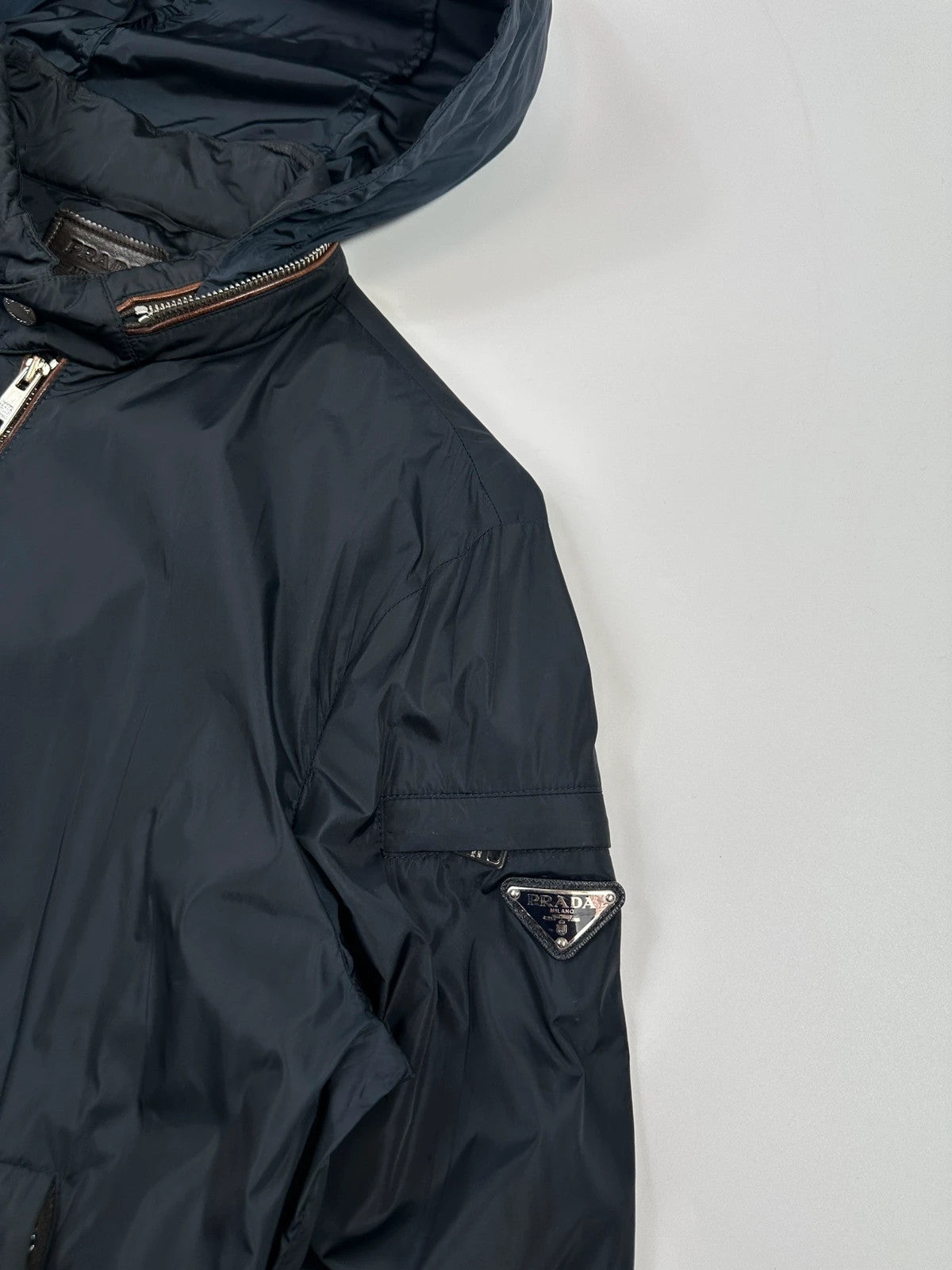 Prada Milano SS2013 Navy Blue Nylon WindBreaker Hooded Jacket Triangle Leather Elbow Patch