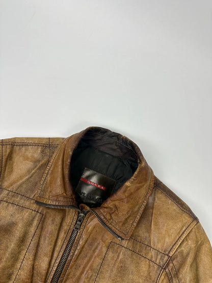 Prada Sport FW2002 Faded Eroded Brown Biker Leather Jacket