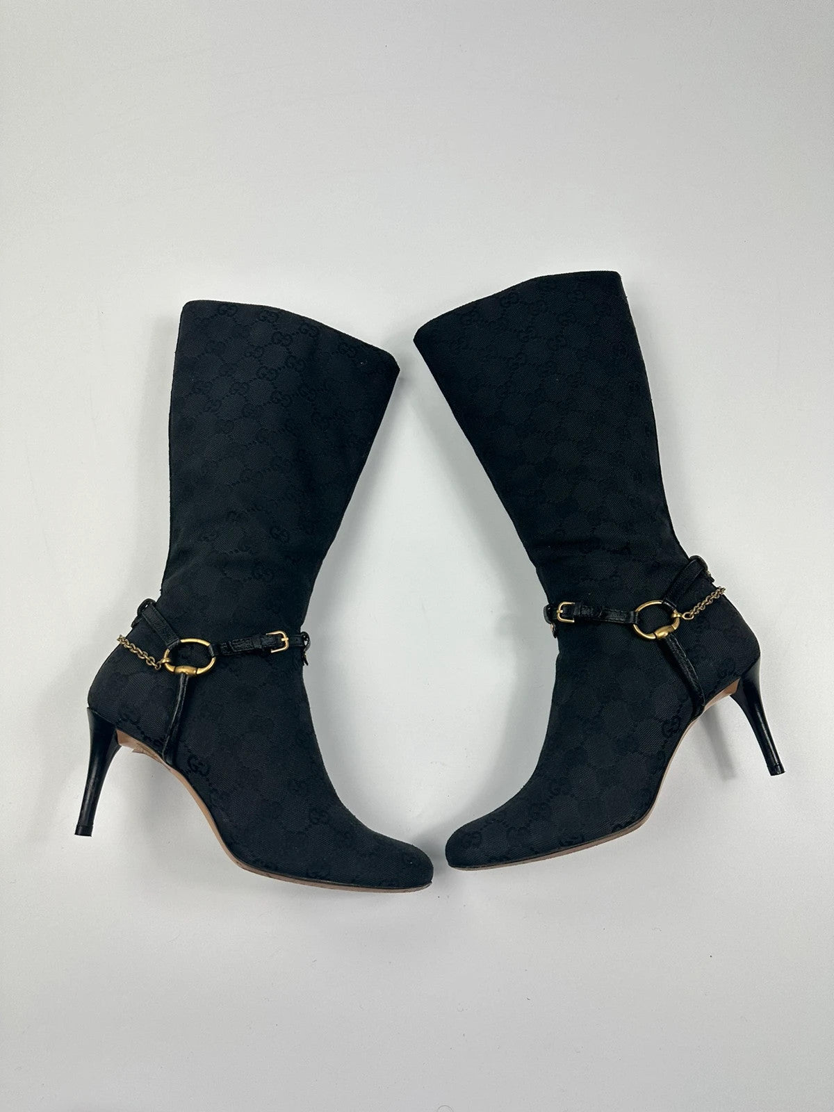 Gucci Black Monogramme High Boots Chains Gold
