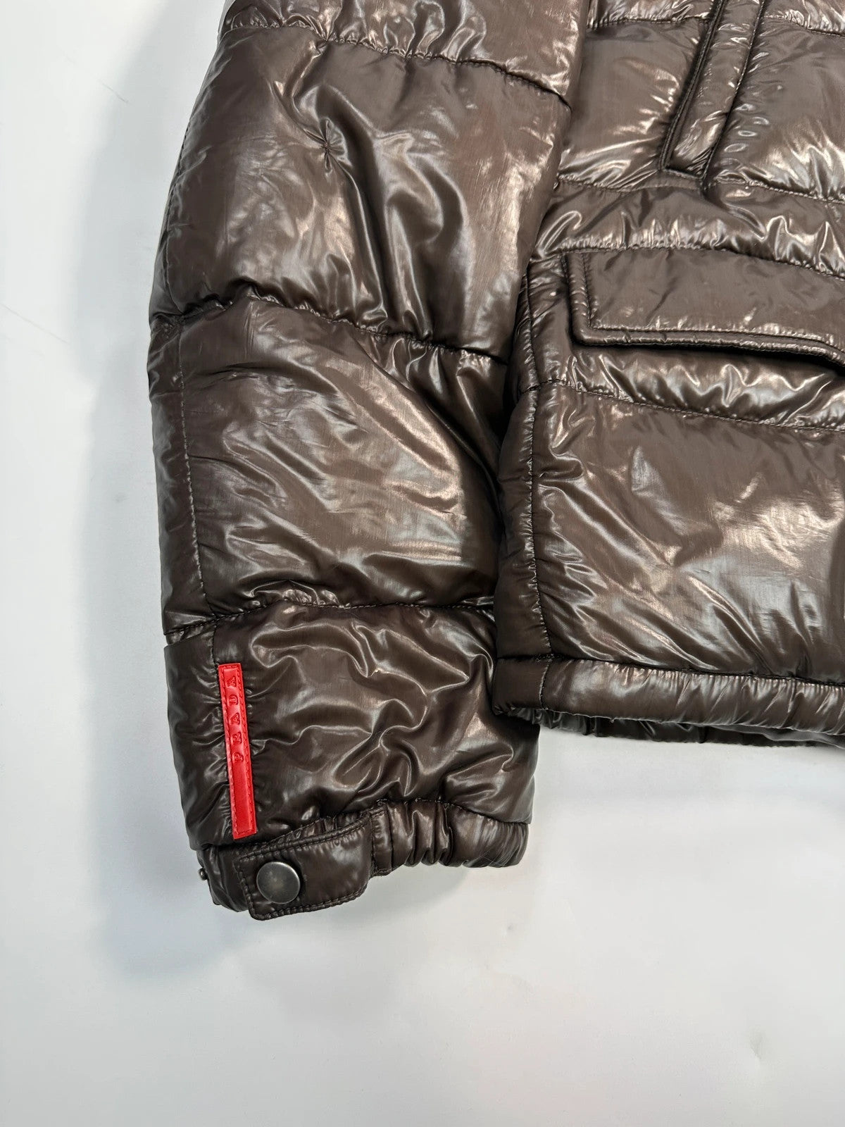 Prada Sport FW2009 Brown Shiny Patent Nylon Hooded Down Puffer Jacket