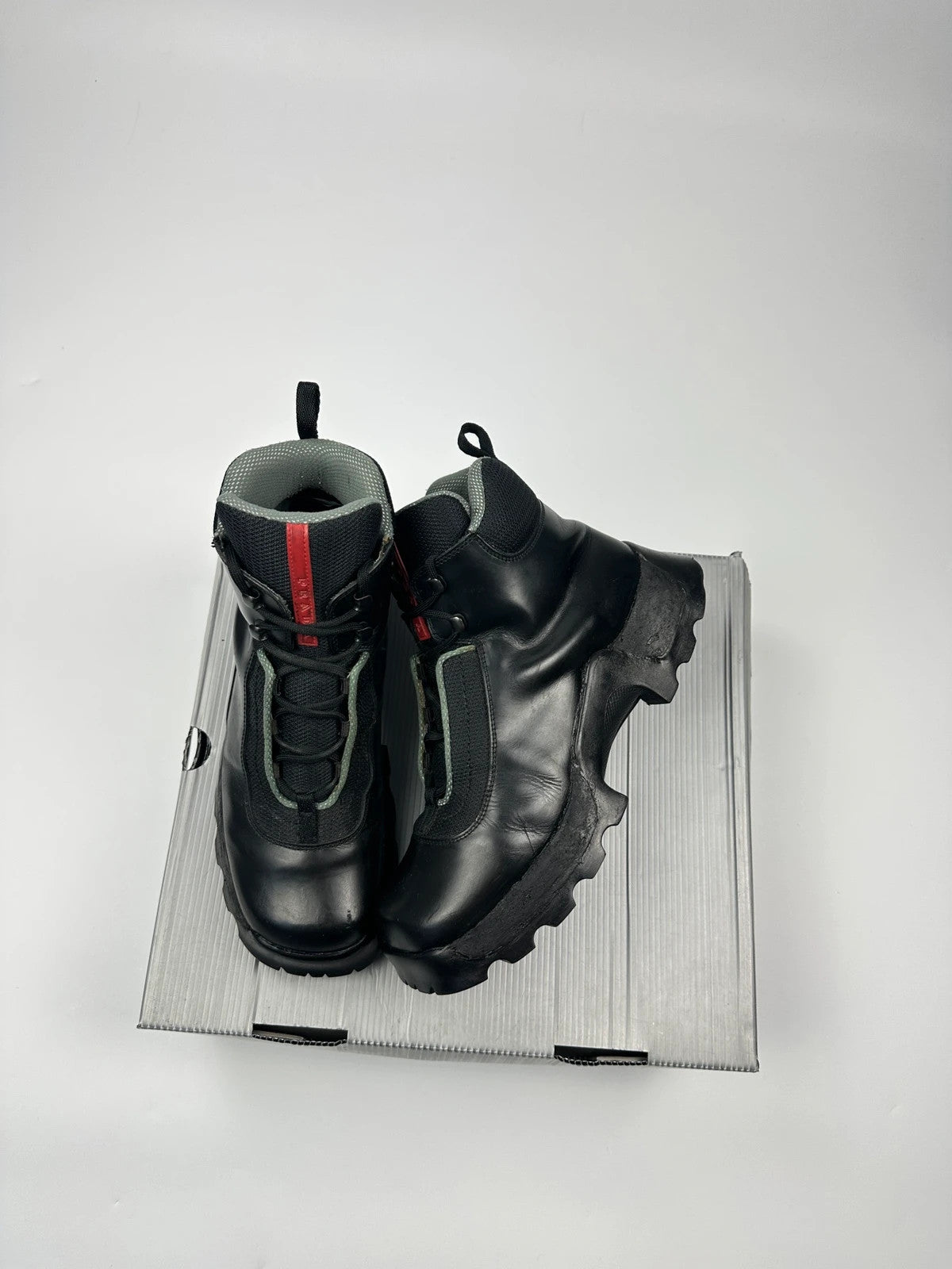 Prada Sport FW1999 Astro Boots Black Leather Hiking Chunky Vibram Sole