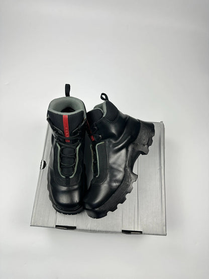 Prada Sport FW1999 Astro Boots Black Leather Hiking Chunky Vibram Sole