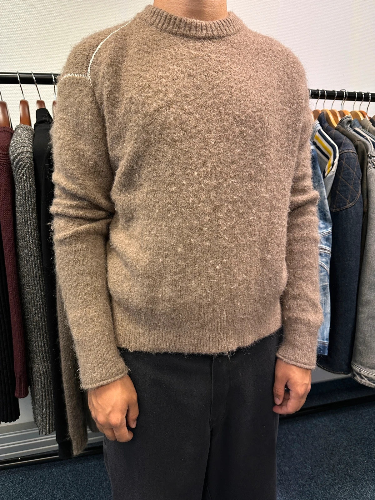 Acne Studio Brown Alpaca Wool White Contrast Stitch Sweater