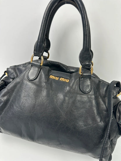 Miu Miu Black Leather Bow Bag HandBag Shoulder Bag Straps