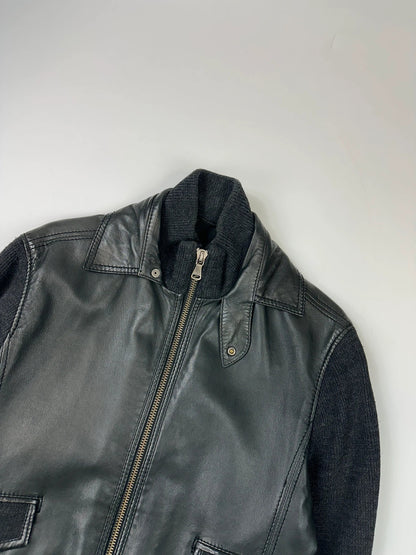 Dolce & Gabbana 00’s Black Hyrbrid Lamb Leather & Wool Sleeves Bomber Jacket