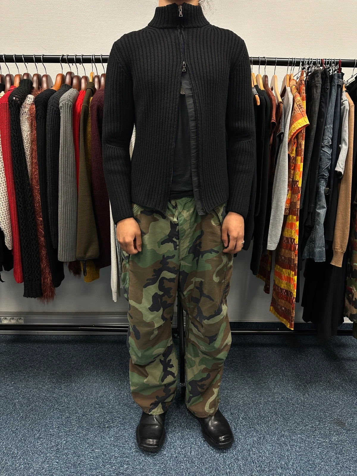 Prada Sport FW2003 Black Ribbed Wool Zip-Up Knit Sweater