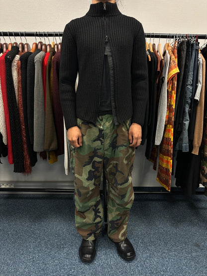 Prada Sport FW2003 Black Ribbed Wool Zip-Up Knit Sweater