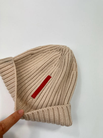 Prada Sport Early 00’s Beige Ribbed Wool Beanie RedTab