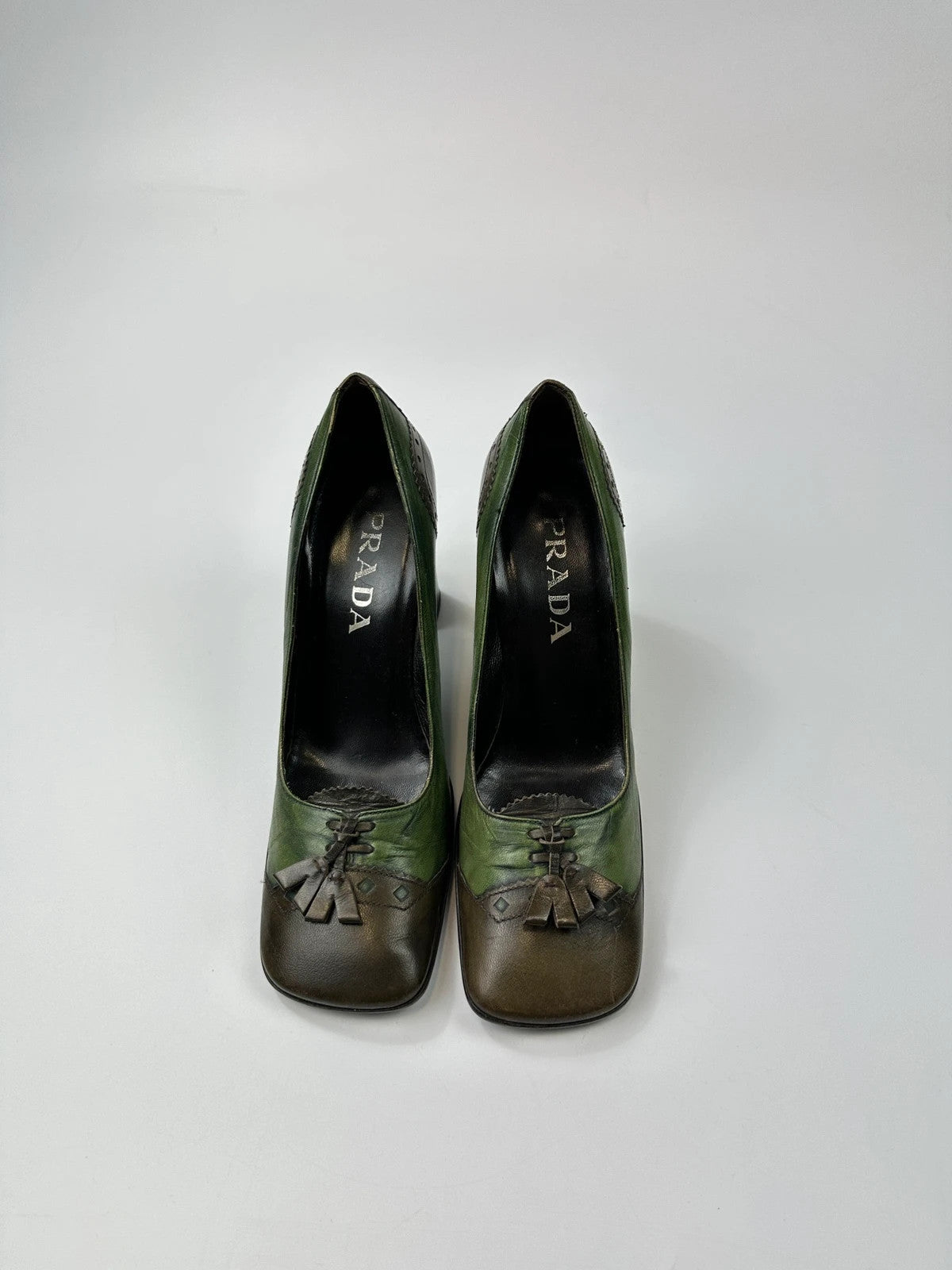 Prada Milano FW1999 Flower Two Tone Green & Brown High Block Heel Pumps