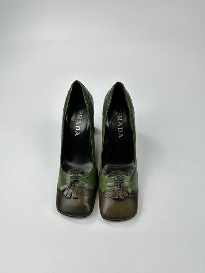 Prada Milano FW1999 Flower Two Tone Green & Brown High Block Heel Pumps