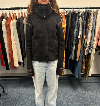 Marithé + François Girbaud 00s Black Wool Double High Neck Contrast Embroidery Jacket