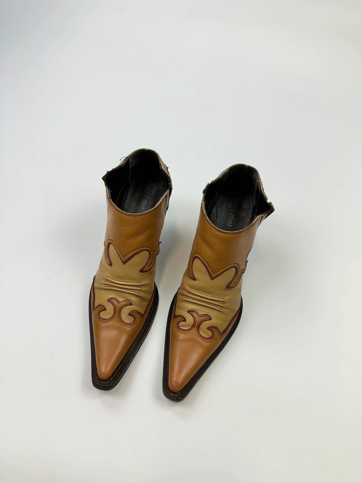 Miu Miu 00’s Cowboy Santiags Heels Ankle Boots Beige Brown Leather Pointy Toe
