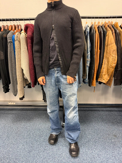 Prada Sport FW2003 Black Ribbed Wool Destroy Knit Zip-Up Sweater