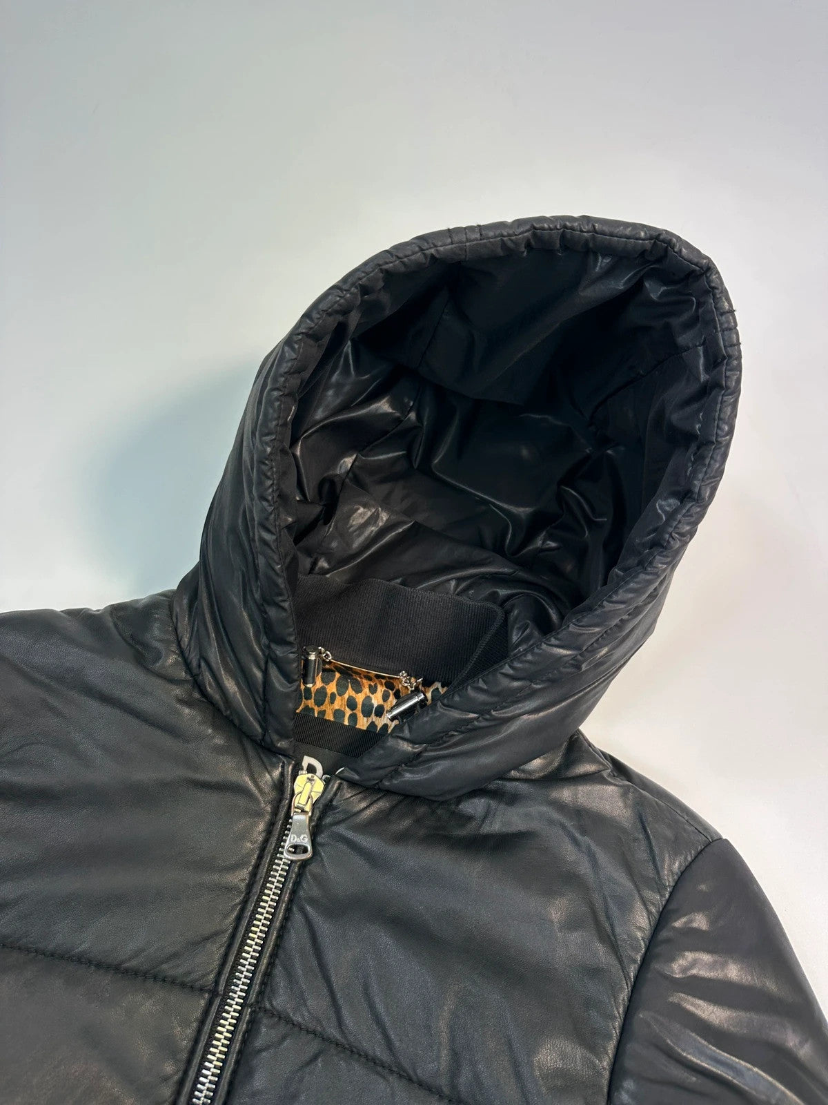Dolce & Gabbana Black Hybrid Leather & Nylon Hooded Puffer Jacket