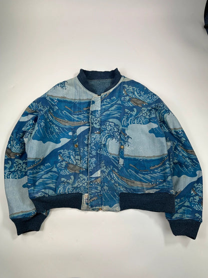 Kenzo Jeans Early 90’s Reversible Denim & Waves Pattern Bomber Jacket