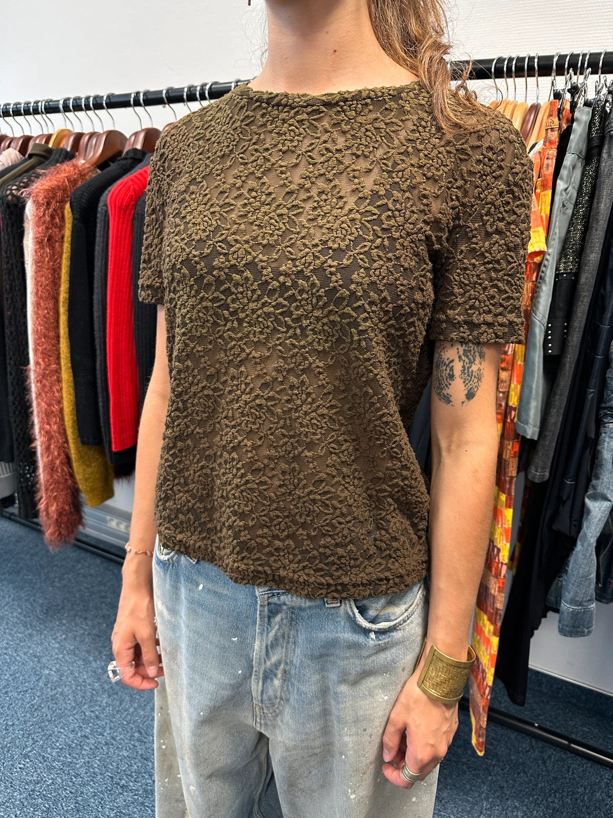 Dolce & Gabbana 90’s Laces Mesh Khaki Flowers Tee