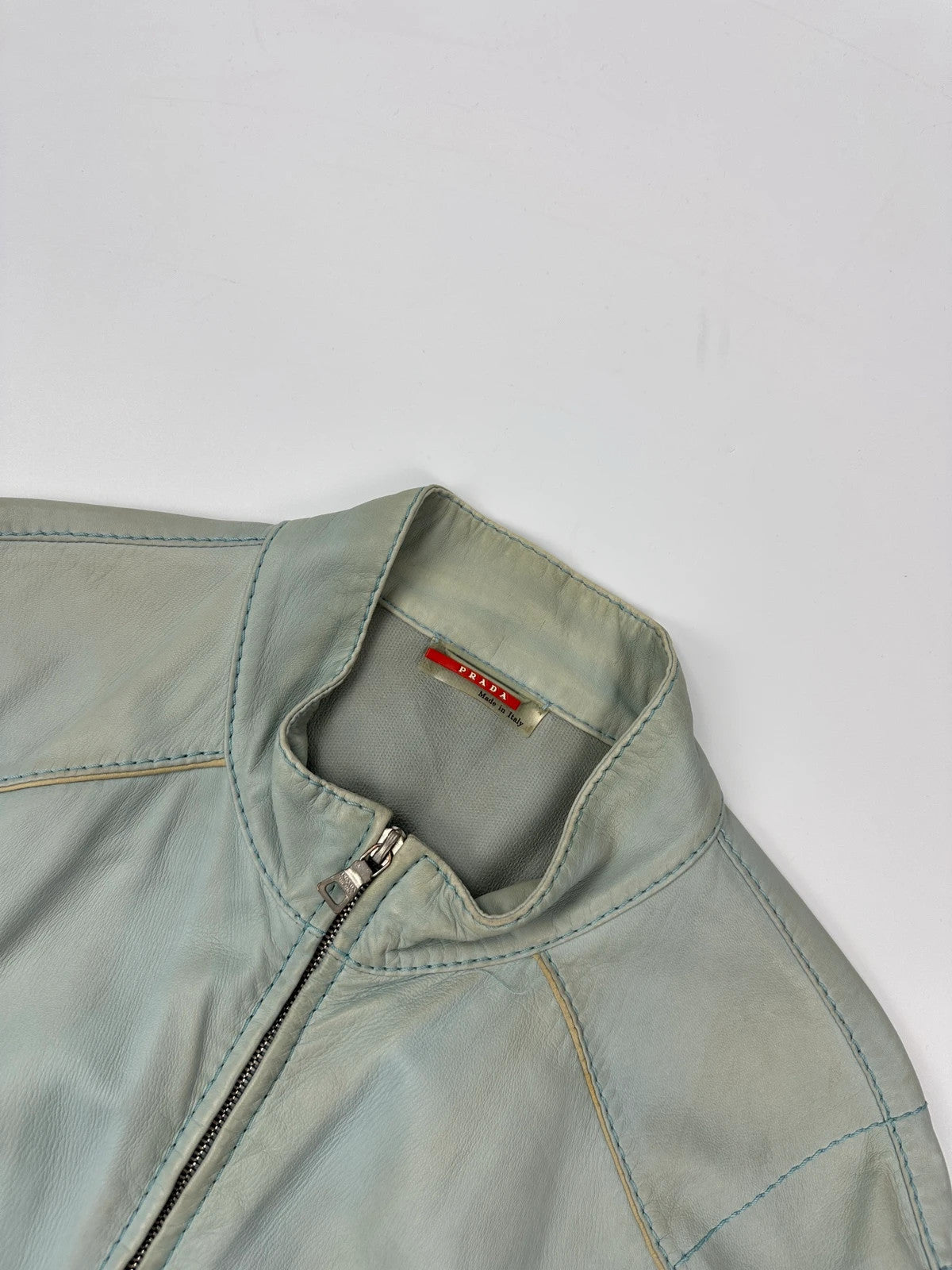 Prada Sport FW2000 Baby Blue Faded Biker Leather Jacket