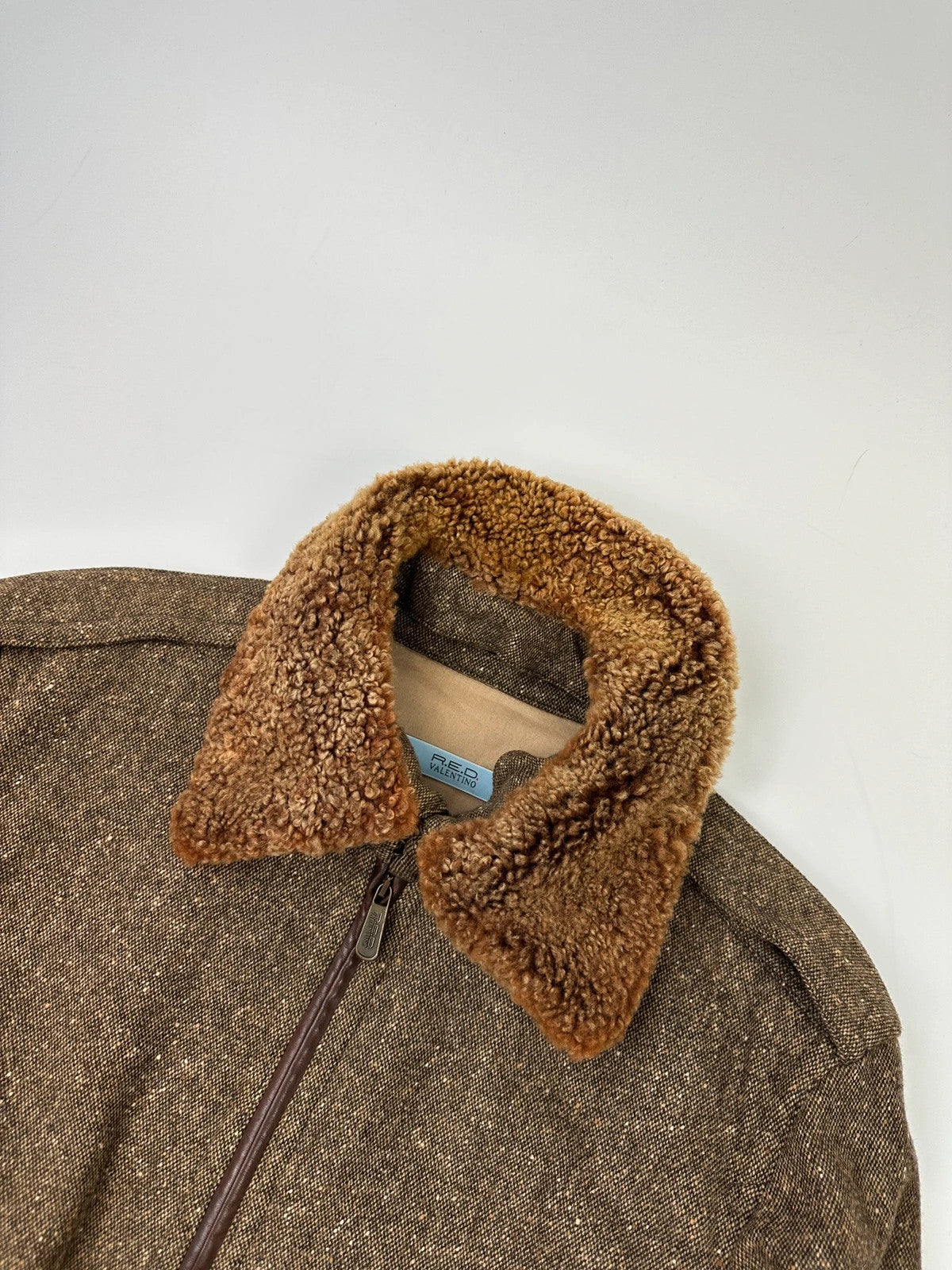 R.E.D Valentino Brown Wool Tweed Sheep Collar Bomber Jacket