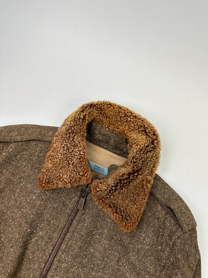 R.E.D Valentino Brown Wool Tweed Sheep Collar Bomber Jacket