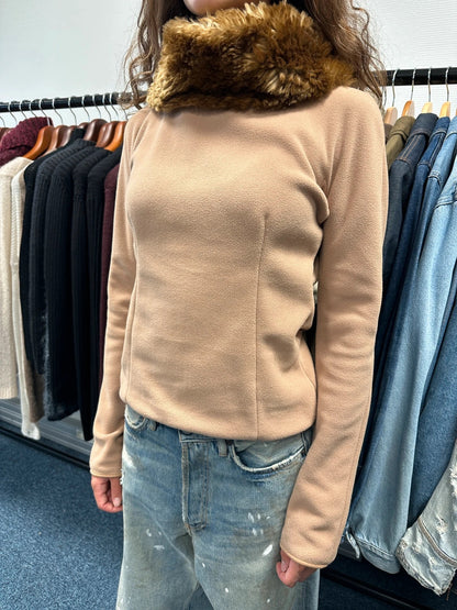 Prada Sport 00’s Beige Fleece & Fur Neck Sweater
