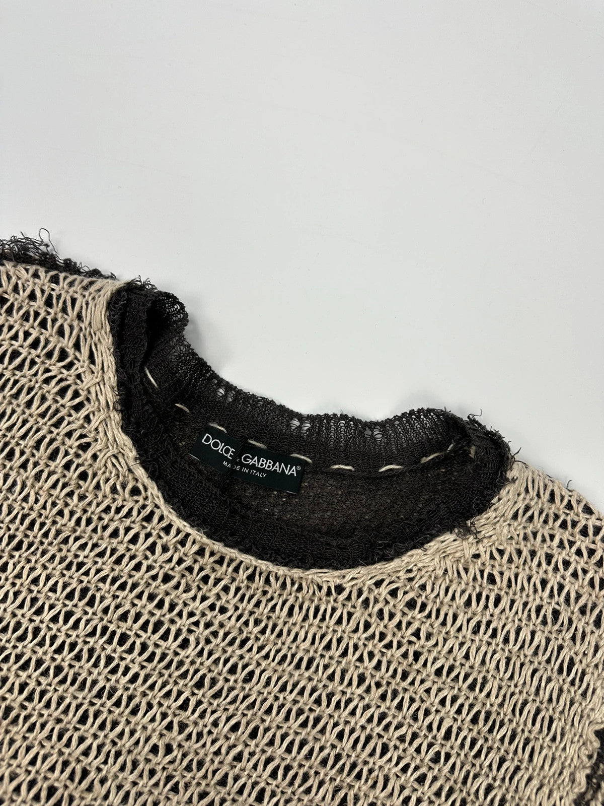 Dolce & Gabbana 00’s Net Knit Double Layer Destroy Sweater Beige & Brown Linen