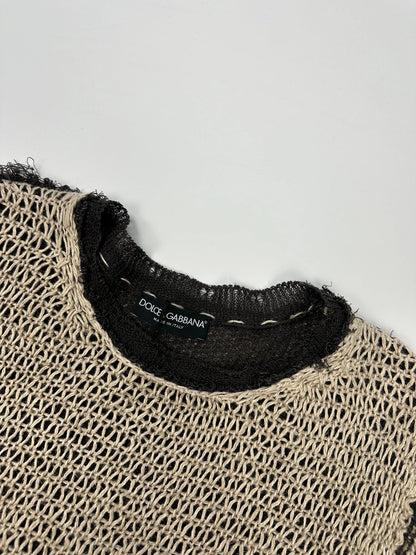 Dolce & Gabbana 00’s Net Knit Double Layer Destroy Sweater Beige & Brown Linen