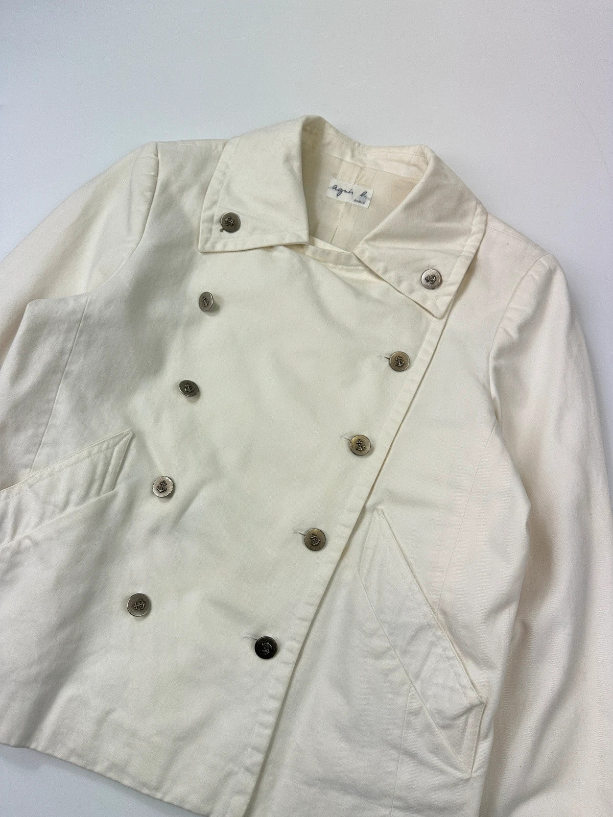 Agnès B 80’s White Cotton Double Breast Crop Officer Jacket