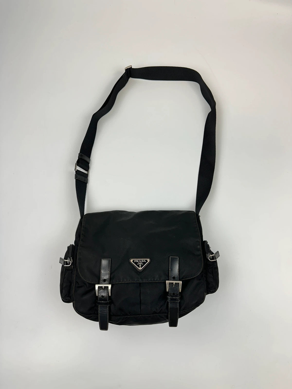 Prada Milano Black Nylon Messenger Cross Body Bag Side Zip Pockets