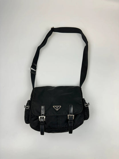 Prada Milano Black Nylon Messenger Cross Body Bag Side Zip Pockets