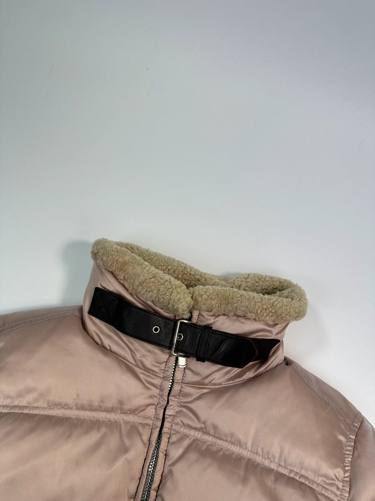Prada Sport FW2003 Light Pink Shiny Patent Nylon Down Puffer Shearling Collar Jacket
