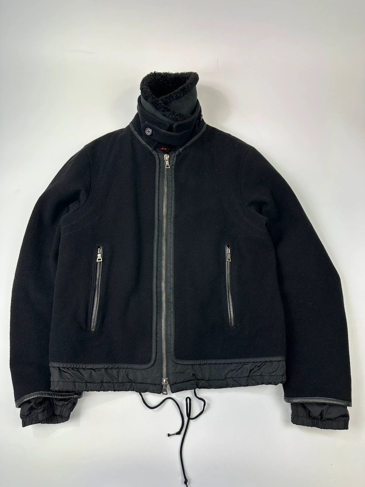 Prada Sport FW2003 Black Wool Aviator Bomber Jacket High Collar