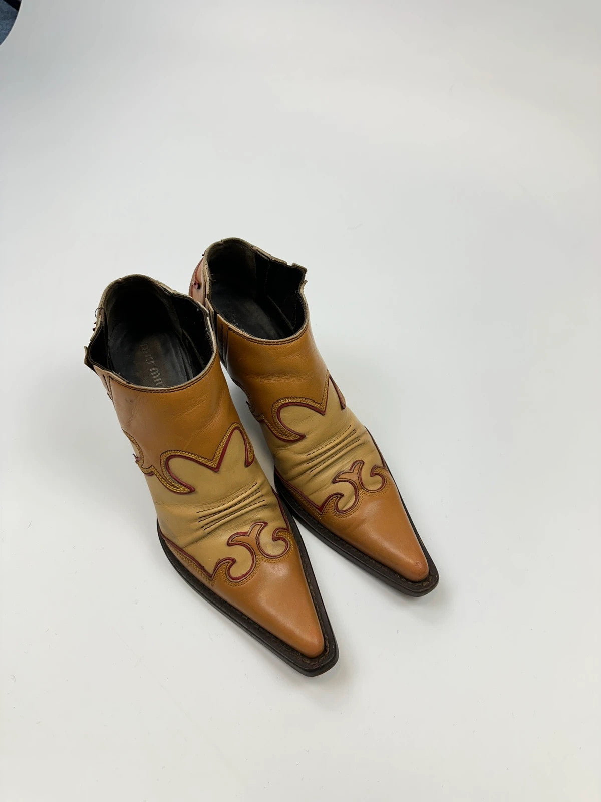 Miu Miu 00’s Cowboy Santiags Heels Ankle Boots Beige Brown Leather Pointy Toe