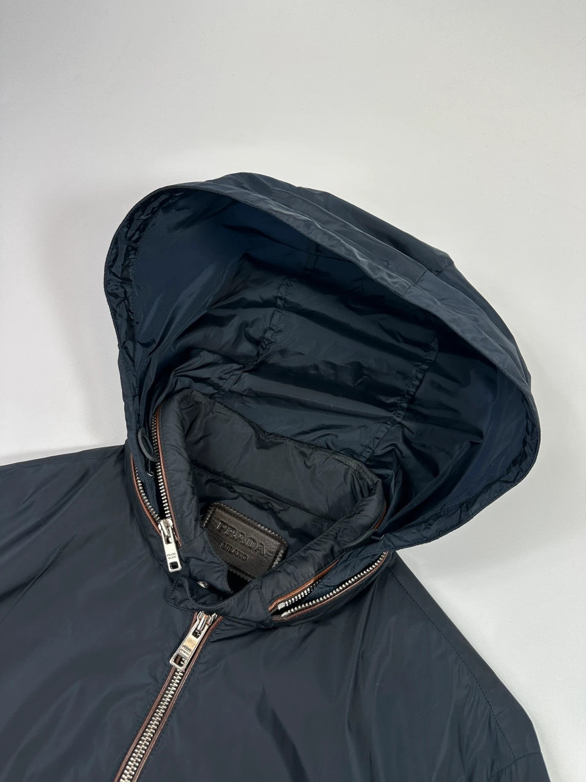 Prada Milano SS2013 Navy Blue Nylon WindBreaker Hooded Jacket Triangle Leather Elbow Patch