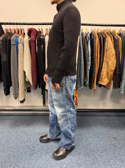 Prada Sport FW2003 Black Ribbed Wool Destroy Knit Zip-Up Sweater