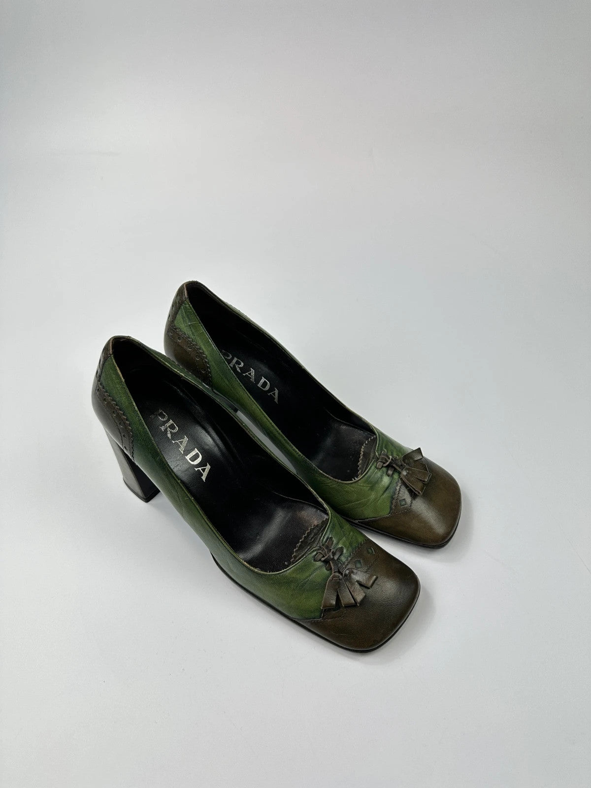 Prada Milano FW1999 Flower Two Tone Green & Brown High Block Heel Pumps