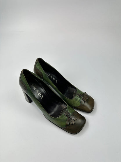Prada Milano FW1999 Flower Two Tone Green & Brown High Block Heel Pumps