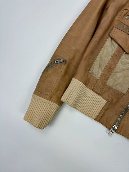 Prada Sport SS2002 Beige Brown Cargo Multi Pockets Leather Bomber Jacket