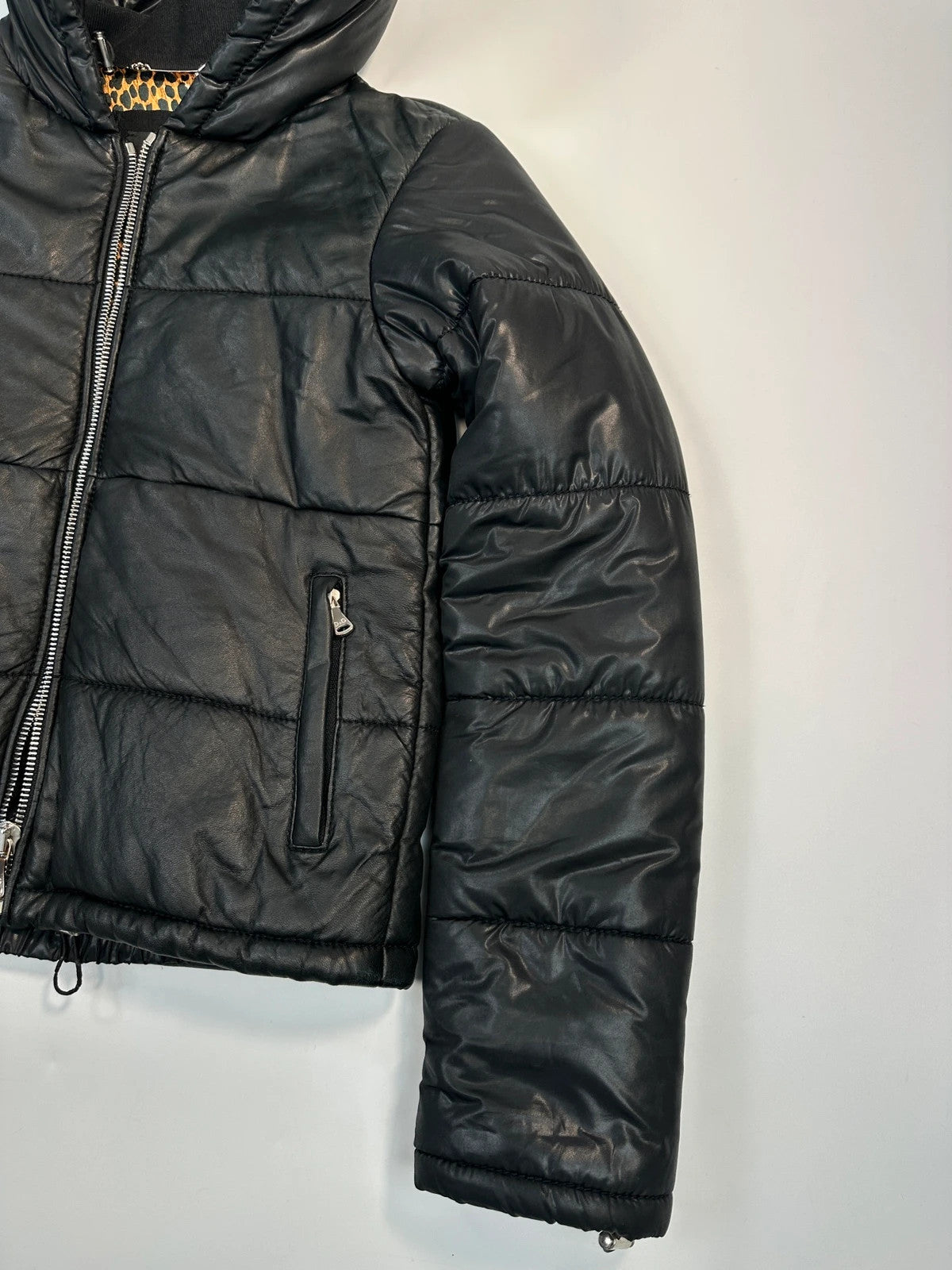 Dolce & Gabbana Black Hybrid Leather & Nylon Hooded Puffer Jacket