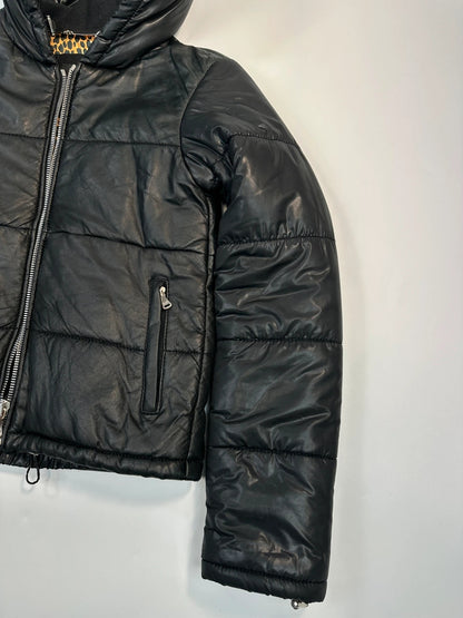 Dolce & Gabbana Black Hybrid Leather & Nylon Hooded Puffer Jacket