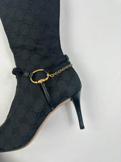 Gucci Black Monogramme High Boots Chains Gold