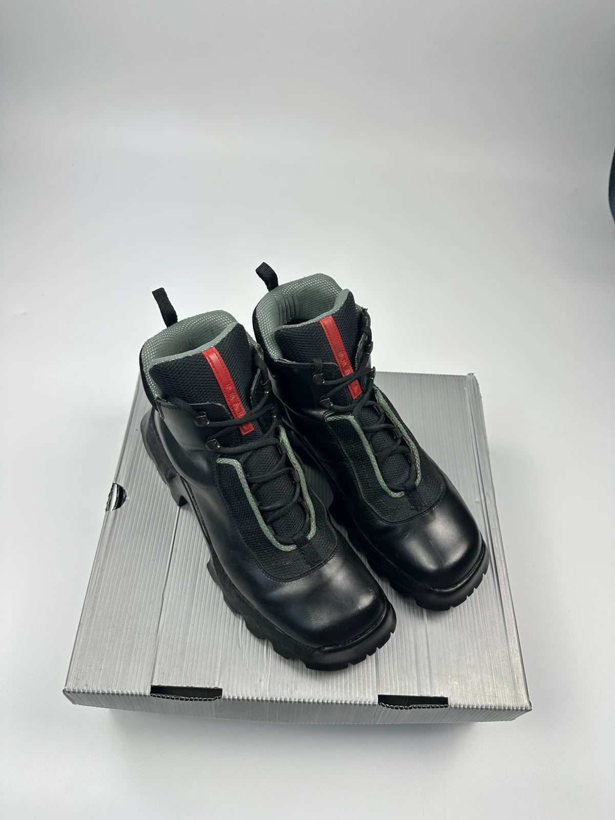 Prada Sport FW1999 Astro Boots Black Leather Hiking Chunky Vibram Sole
