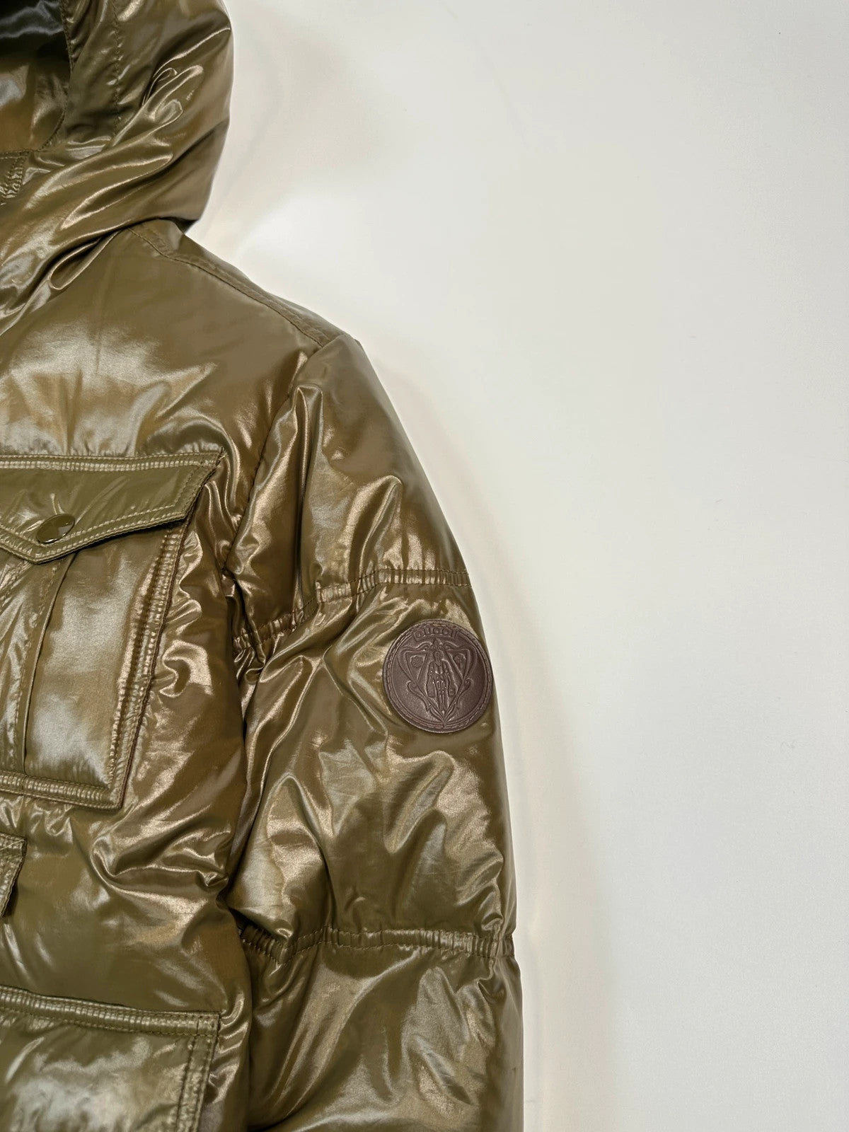 Gucci FW2008 Khaki Shiny Patent Nylon Down Puffer Hooded Jacket