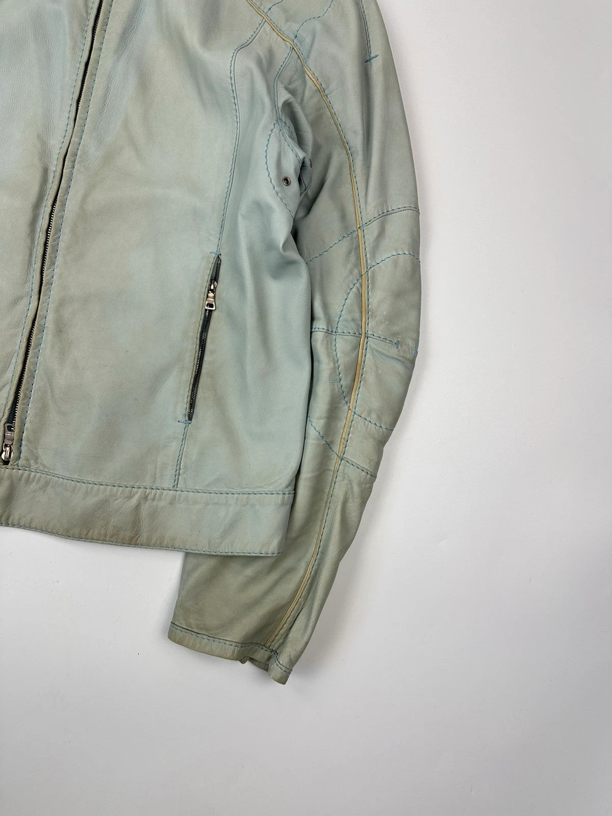 Prada Sport FW2000 Baby Blue Faded Biker Leather Jacket