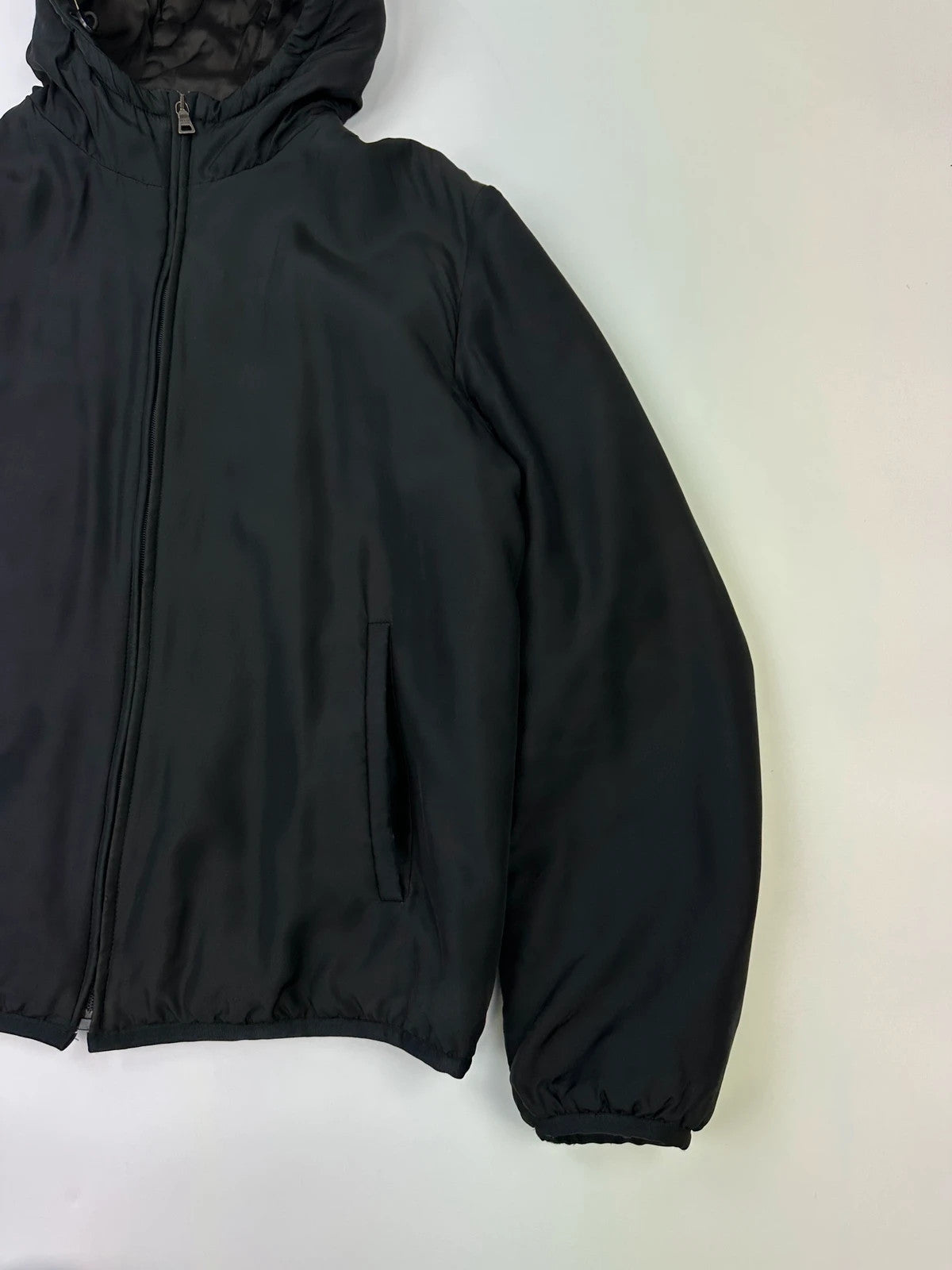 Prada Milano FW2013 Black Padded Silk Hooded Bomber Jacket