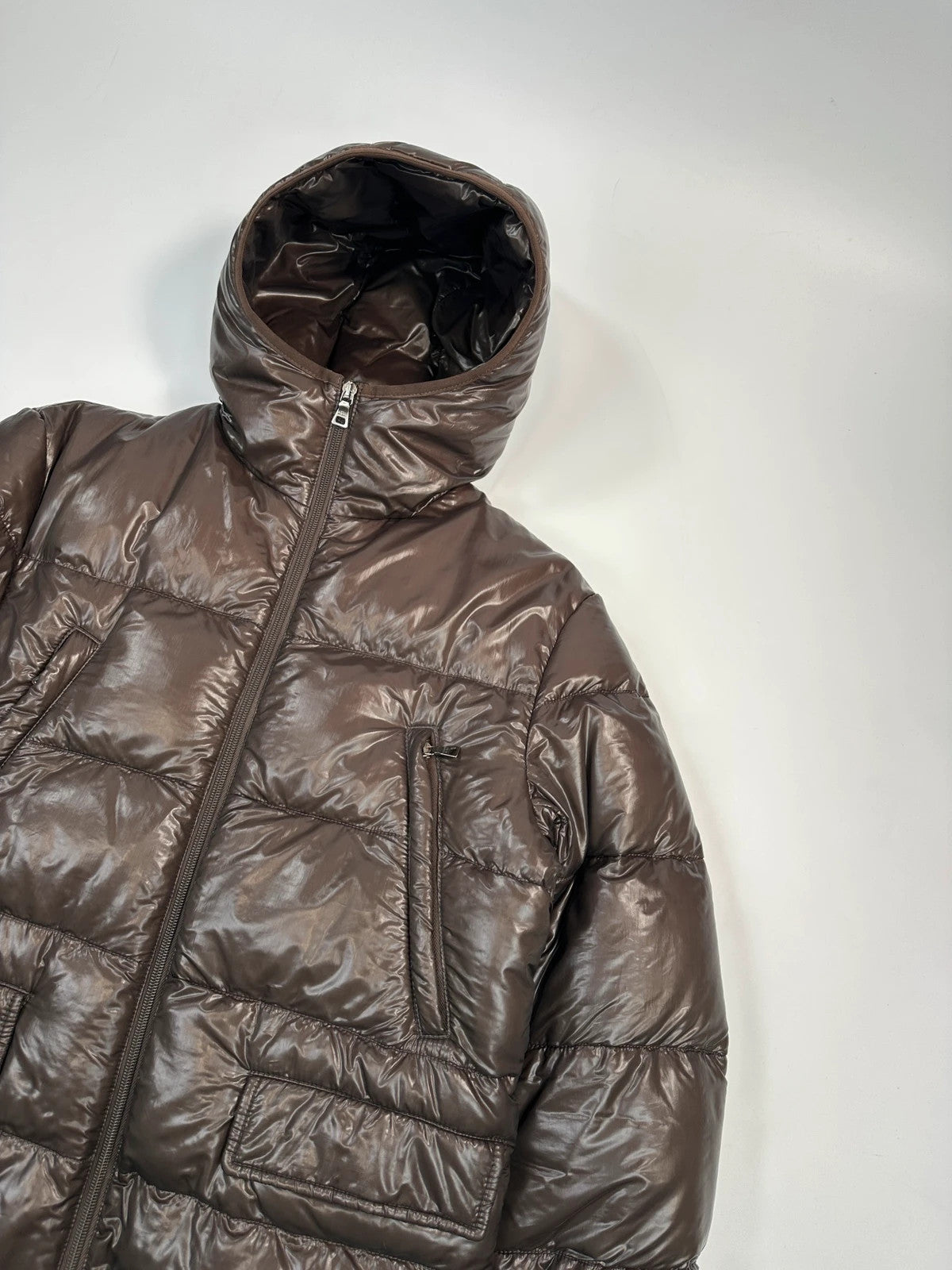 Prada Sport FW2009 Brown Shiny Patent Nylon Hooded Down Puffer Jacket