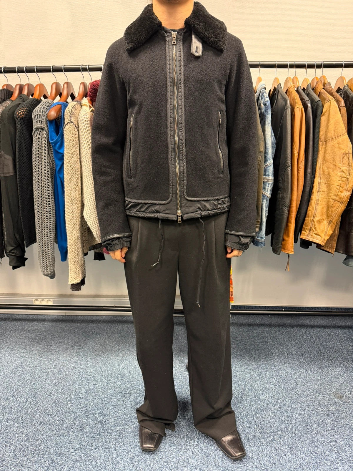 Prada Sport FW2003 Black Wool Aviator Bomber Jacket High Collar