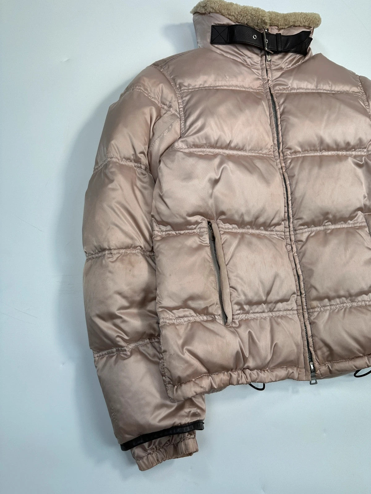 Prada Sport FW2003 Light Pink Shiny Patent Nylon Down Puffer Shearling Collar Jacket