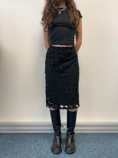 Miu Miu SS2008 Black Laser Cut Holes Wool Skirt