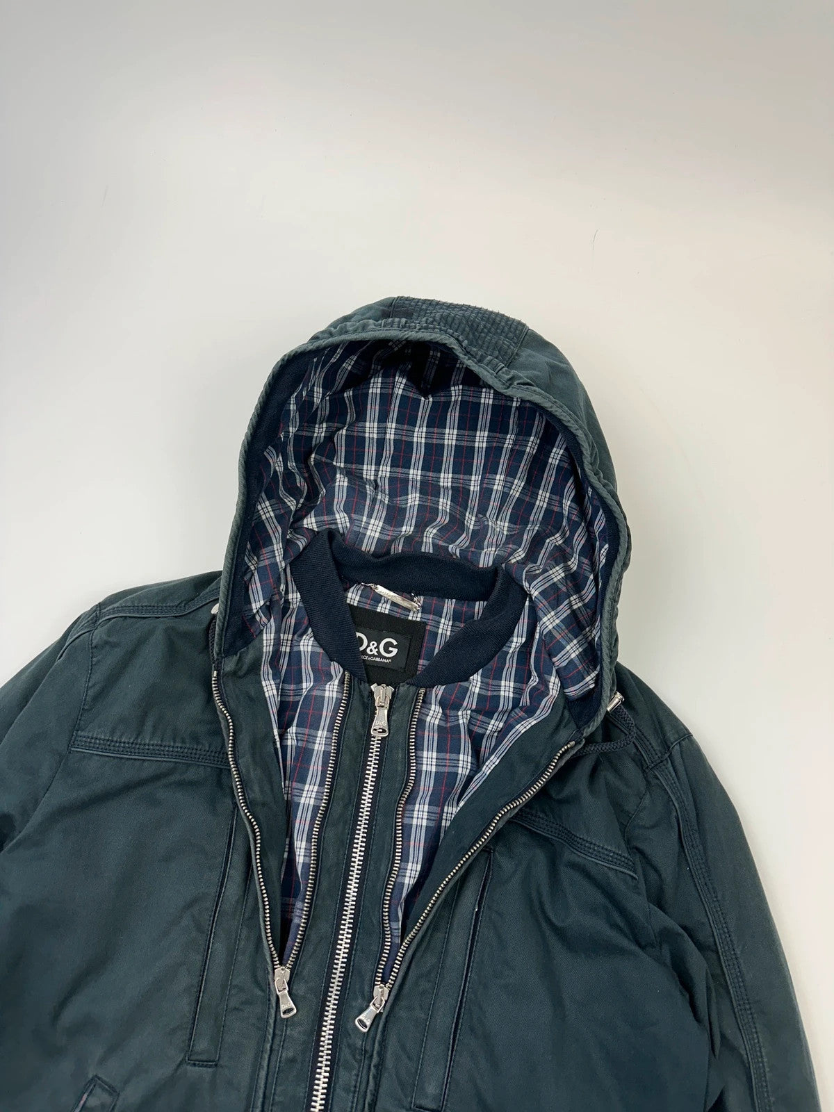 Dolce & Gabbana 00’s Multi Zip Tartan Layer Navy Blue Cotton Hood Jacket