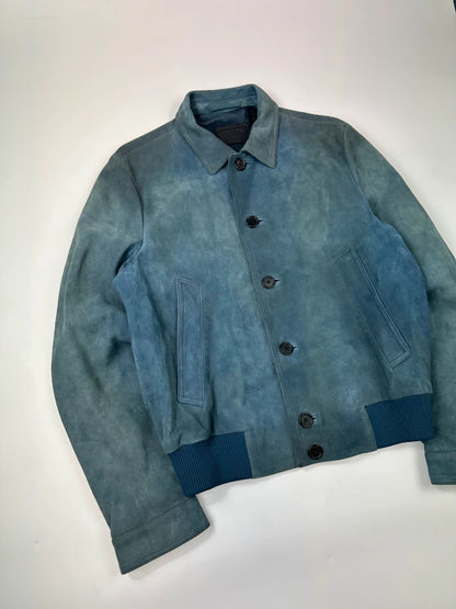 Prada Milano FW2017 Faded Green & Blue Goat Suede Buttons Up Bomber Jacket